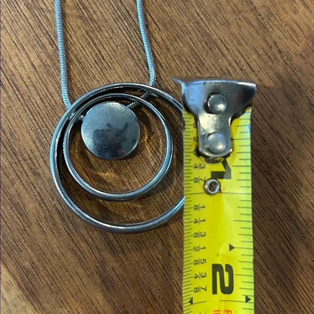 Silver Tone Circular Pendant Necklace 38” chain Statement Minimalist Unique